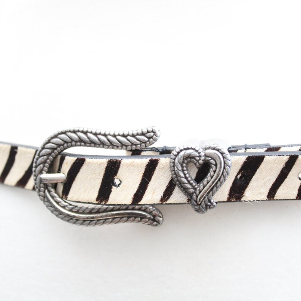 Chico's Y2K Brown Zebra Print Silver Metal Brass Heart Buckle Belt Size Large - Picture 4 of 6